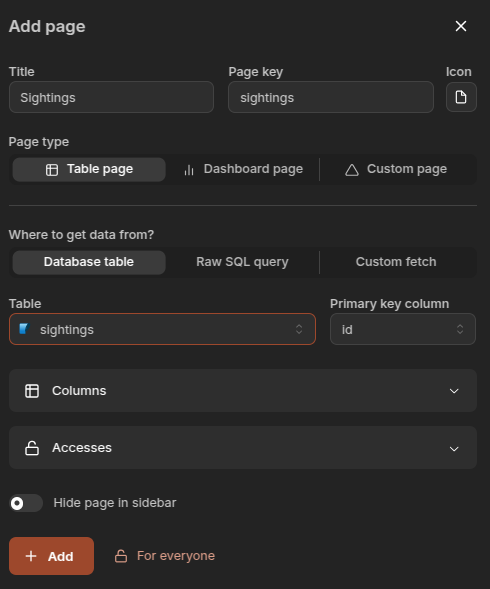 Screenshot of creating sightings table