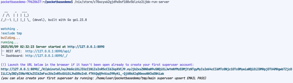 Screenshot showing air re-starting and building PocketBase via main.go