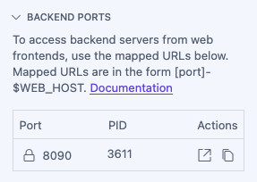Screenshot showing backend ports section. Lock indicates that port 8090 is not yet public.